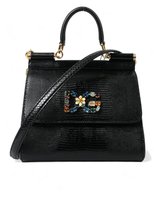 Dolce & Gabbana Black SICILY Leather Crystal Top Handle Shoulder Bag