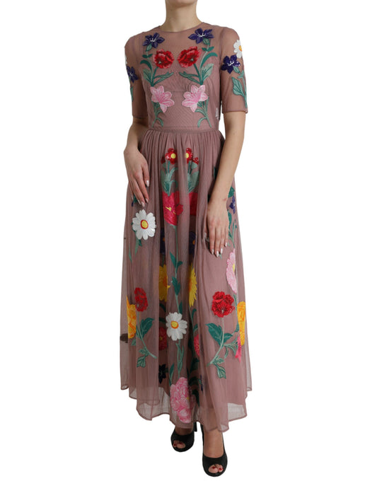 Dolce & Gabbana Rose Gold Floral Embroidery Long Maxi Dress