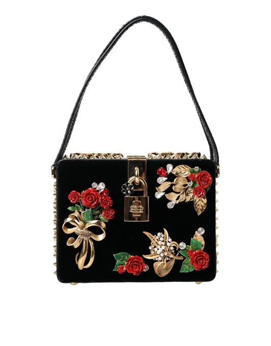 Dolce & Gabbana Black Floral Padlock Leather Crystal Velvet Clutch BOX Bag