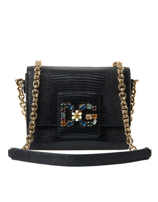 Dolce & Gabbana Black Leather DG Crystals Shoulder Crossbody Bag