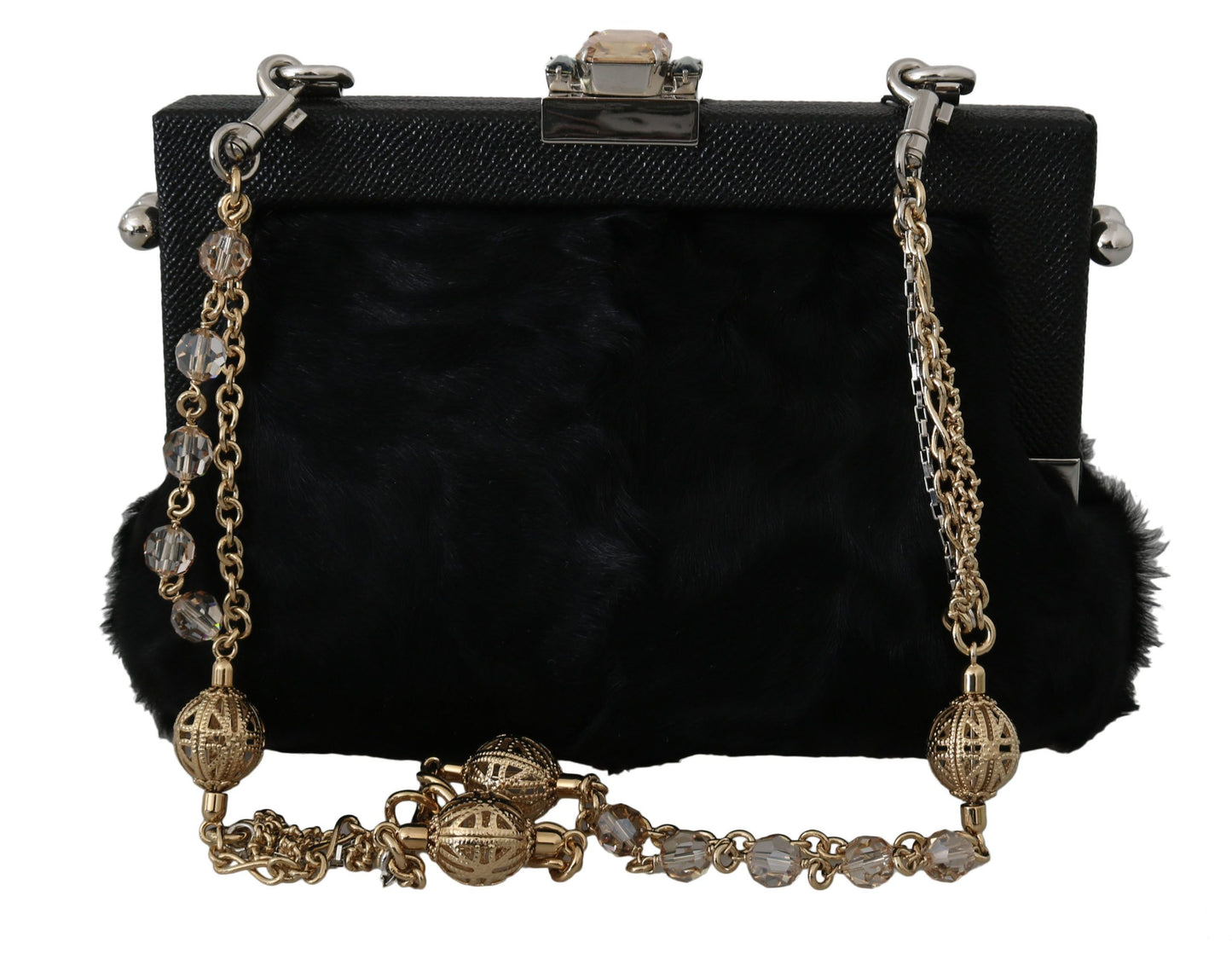 Dolce & Gabbana Black Fur Gold Baroque Crystal Evening Clutch