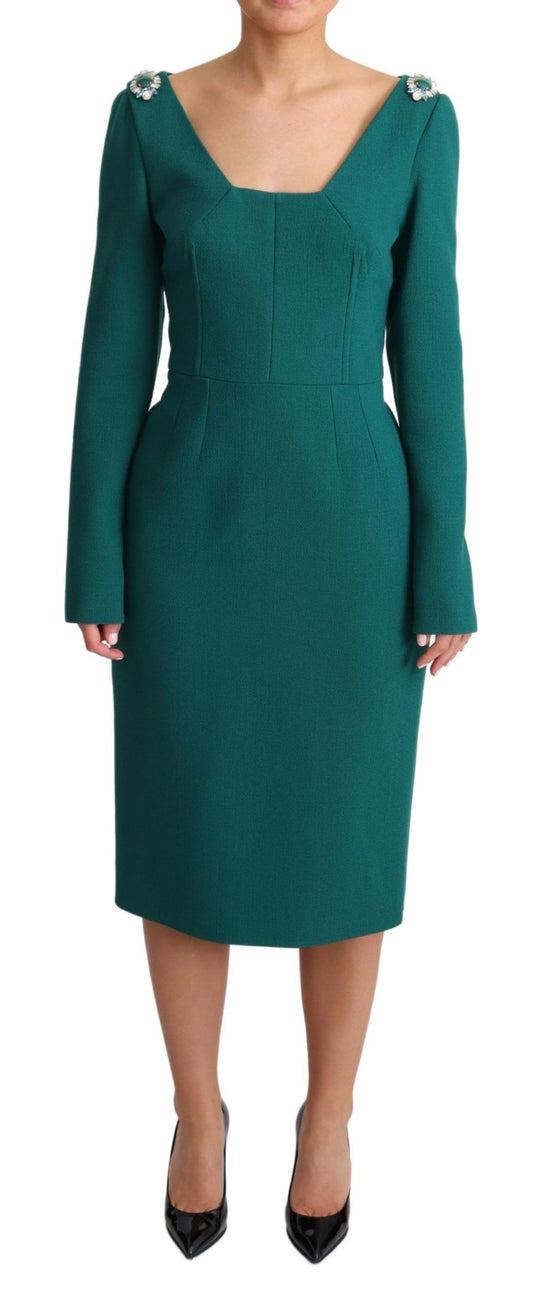 Dolce & Gabbana Emerald Wool Crepe Midi Dress With Crystal Brooches