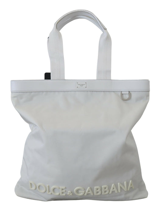 Dolce & Gabbana Elegant White Nylon Tote Bag with Leather Accents