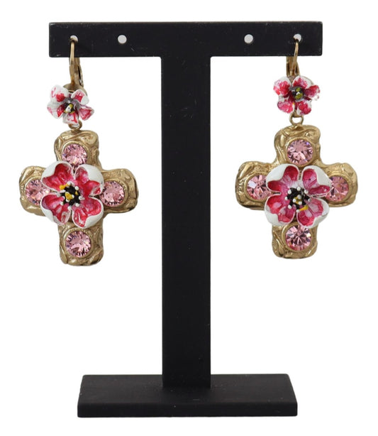Dolce & Gabbana Gold and Pink Sicily Cross Dangling Earrings