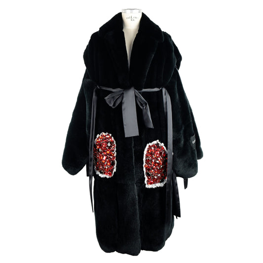 Dolce & Gabbana Elegant Black Rabbit Fur Jacket with Glass Stone Appliqué