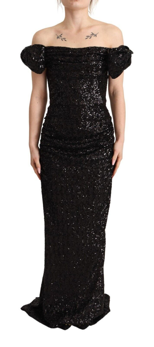 Dolce & Gabbana Black Sequined Off Shoulder Gown Sheath Dress